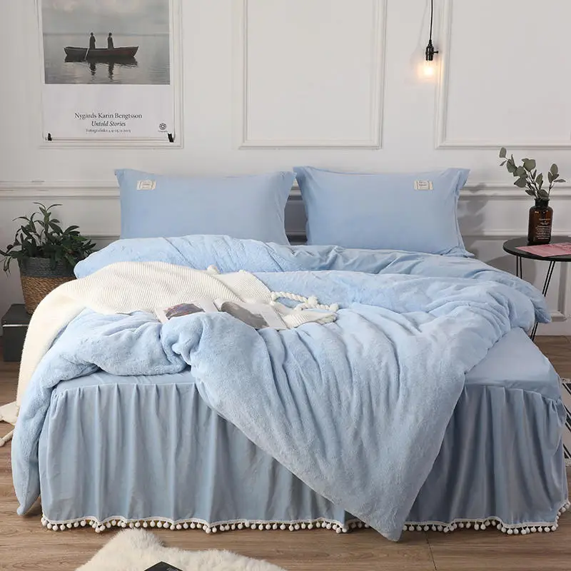 Pink Gray Fleece Princess Bedding set Queen King size for Girls Warm Soft Bed set Bed cover Bed skirt Duvet cover linge de lit