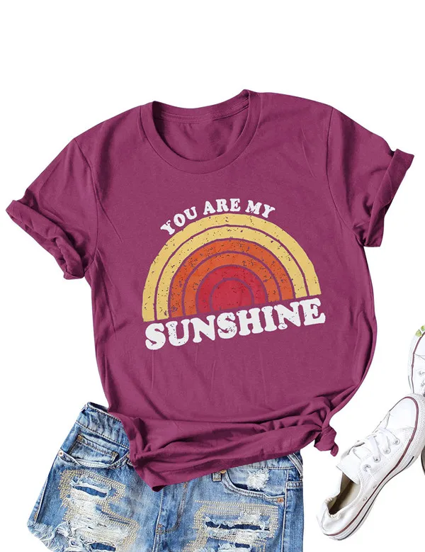 You Are My Sunshine, футболка с радужным принтом, женские летние топы с коротким рукавом, футболка с круглым вырезом размера плюс, повседневная женская футболка Harajuku - Цвет: Fuchsia