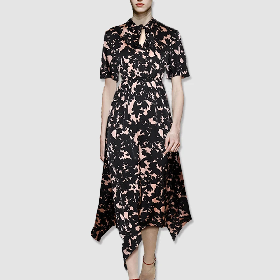 

VERDEJULIAY Runway Irregular Dress Women 2019 Summer Autumn Vintage Flower Print Hollow Out Collar Belt Elegant Dress Vestidos
