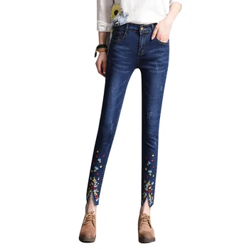 

2019 new women's embroidery denim nine pants irregular stretch slim slimming feet pants women Large size summer wild jeans