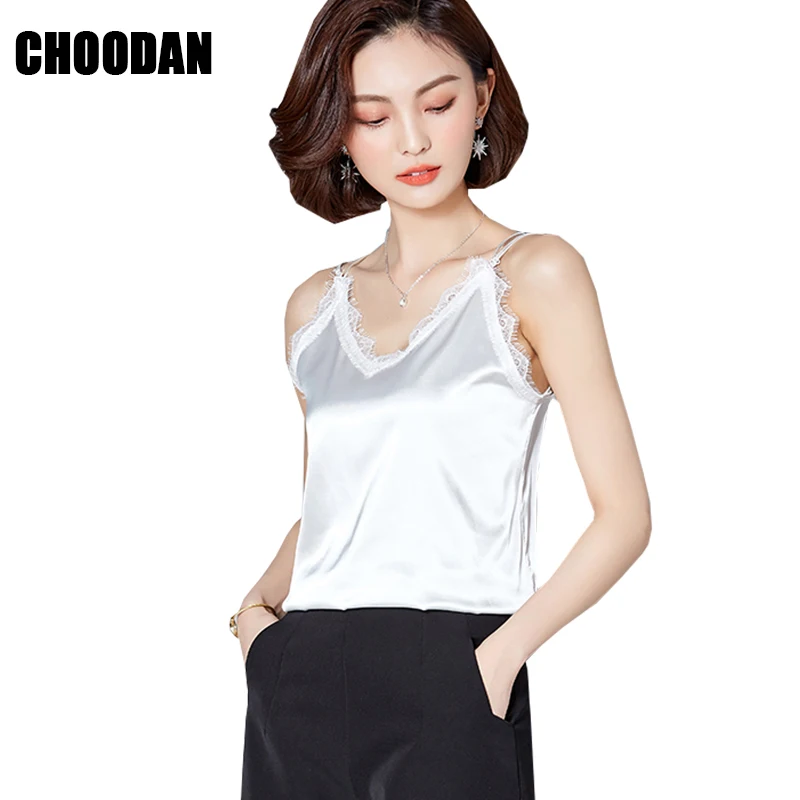 Satin Camisoles And Tanks Sexy Sleeveless Summer Top Lace Patchwork