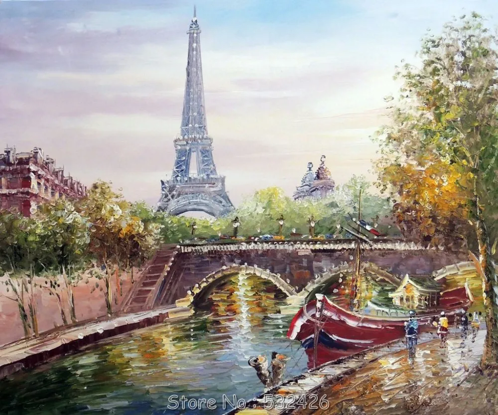 Paris Eiffel Tower River Seine Boats Bridge Cityscape Handpainted Oil