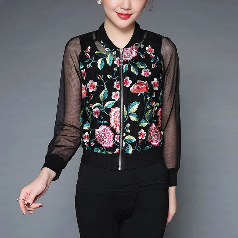 

High quality womens tops summer royal embroidered short coat vintage floral lady thin mesh baseball coat jacket female M-4XL