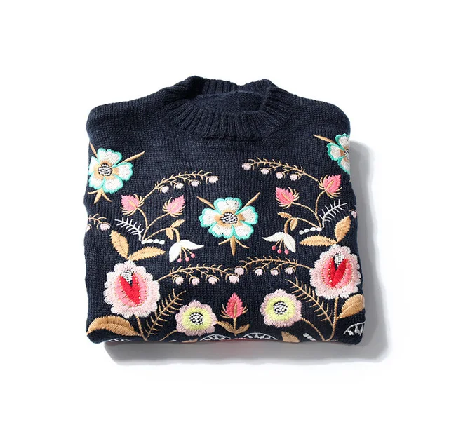 Новые тренды моды темно-синий женский Цветочный вышитый свитер с круглым вырезом и длинными рукавами джемпер Падение плеча - Цвет: Navy