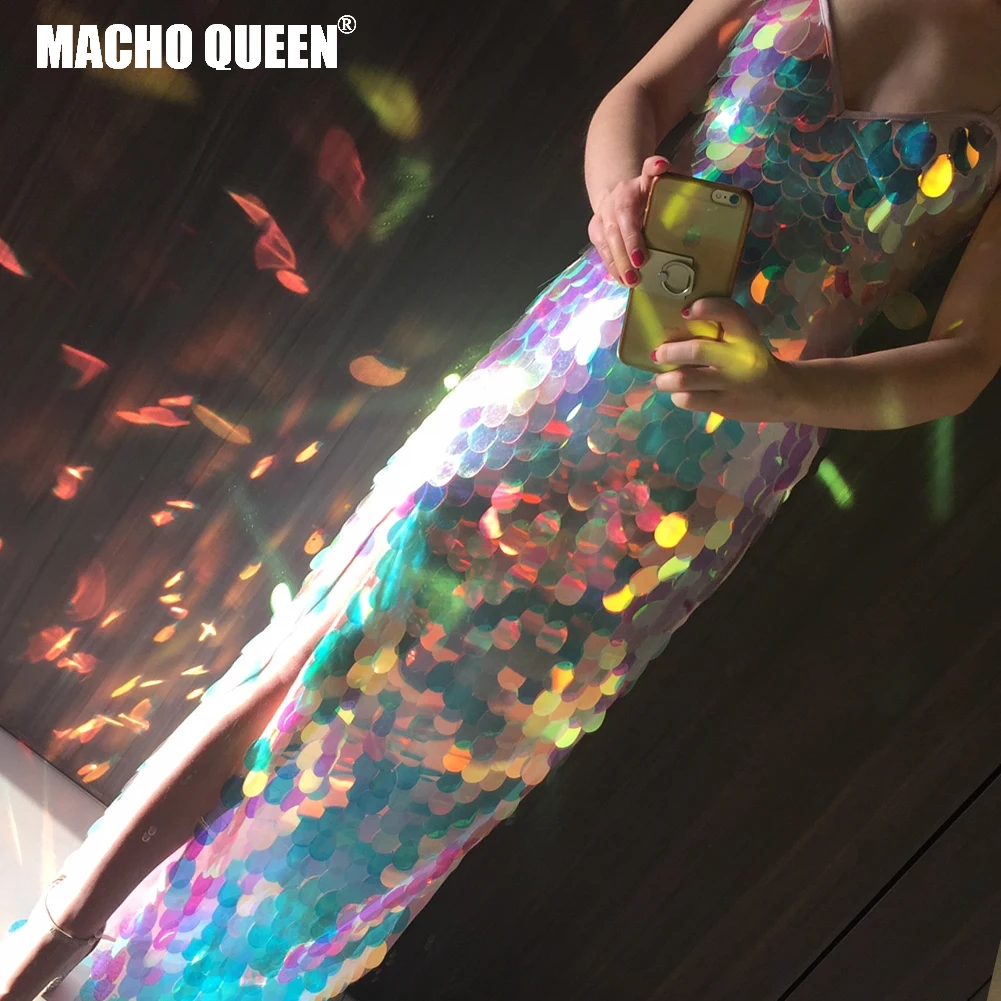 

Holographic Sequined Long Dress Sexy Nightclub Birthday Prom Long Dress Costume Runway Celebrity Red Carpet Dresses Outfit