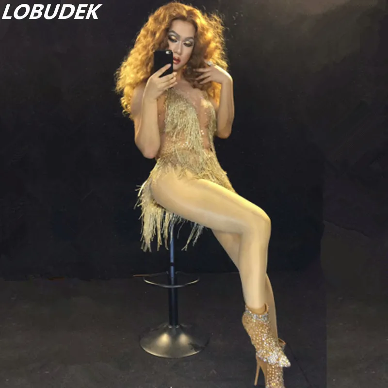 Gold Tassel Stones Sexy Female Zentai Costume Crystals Singer Dancer