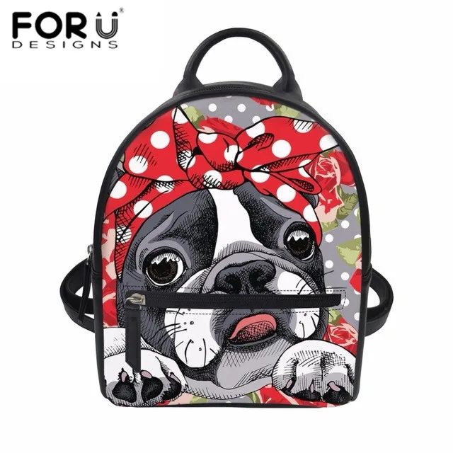 FORUDESIGNS Women Backpack Kawaii Pug Bulldog Print PU Leather Mini