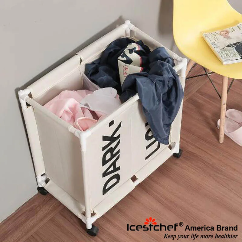 ICESTCHEF Waterproof Laundry Basket on Wheels - Laundry Hamper with Cover - Dirty Clothes Basket with Lid - Bathroom Storage - 2 Grid image 5