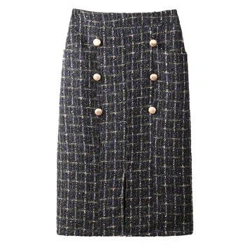 

Autumn Winter Women Tweed Skirt Elegant high waist pencil Skirt Ladies Split Calf Length Office Skirts plus size 3XL