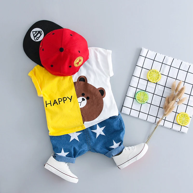 HYLKIDHUOSE الصيف الطفل الفتيات الفتيان مجموعة ملابس الأخ شقيقة الملابس الدب القطن الرضع T قميص السراويل الطفل الاطفال الملابس
