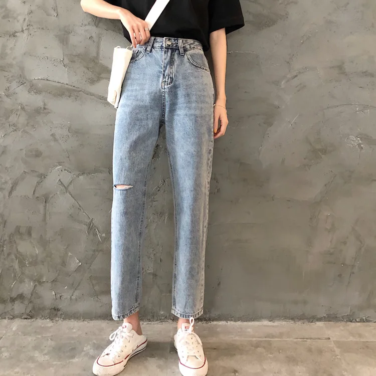 

Solid Casual Wide Leg Denim Jeans Fashion Hole High Waist Pants Korean Trousers