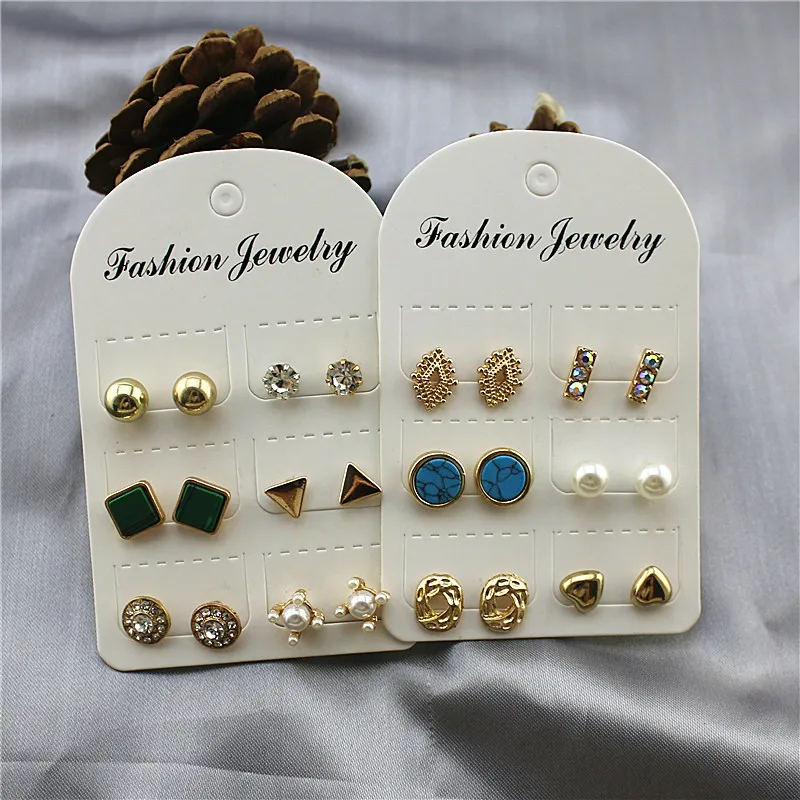 

2019 New style inlaid semi-precious stones Stone Round Square Geometric personality mini set of 6 stud Earrings