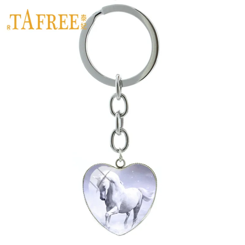 

TAFREE Unicorn Keychains White Horse Has A Horns Animal Heart Shape Glass Gems Key Chain Keyring Friends Kids Gifts UN26