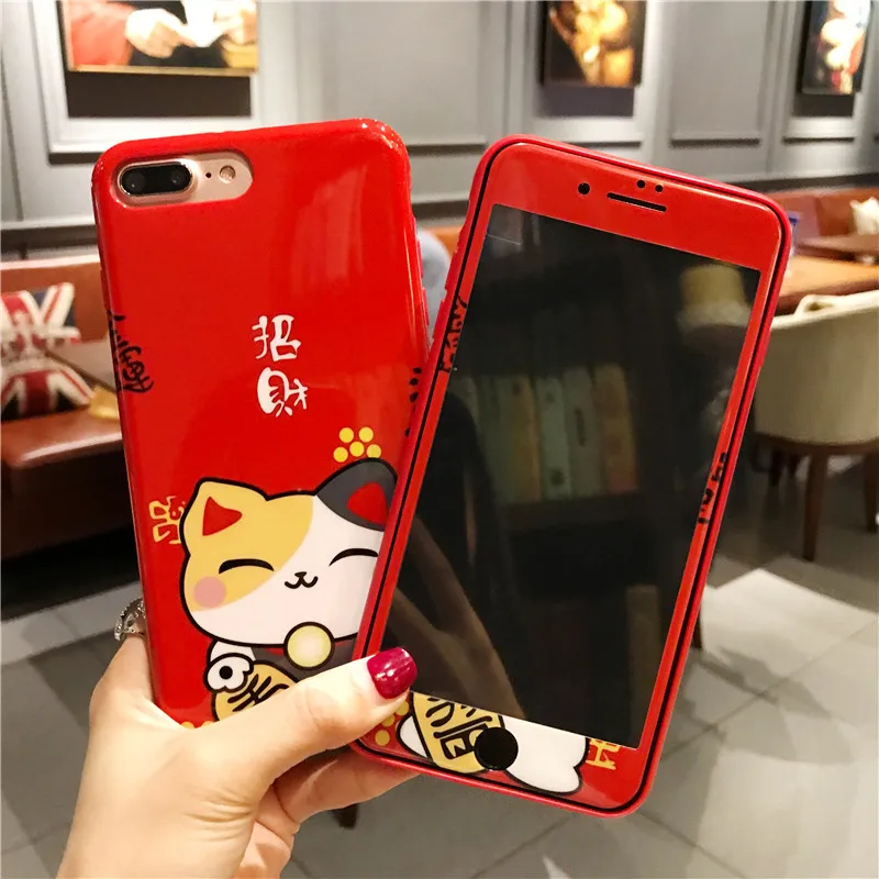 For iPhone 7 7Plus Lucky Cat Case + Tempered Glass Screen film Cartoon Fortune TPU Cover for 6 6S 6SPlus 6P 8 8plus |