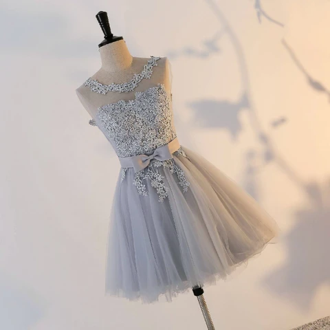 Branco do Pescoço da Colher Vestidos de Festa sem Encosto Regresso a Casa Vestidos com Arco Vestidos de Festa Simples Cinza Champagne Lace up Mini Curto –