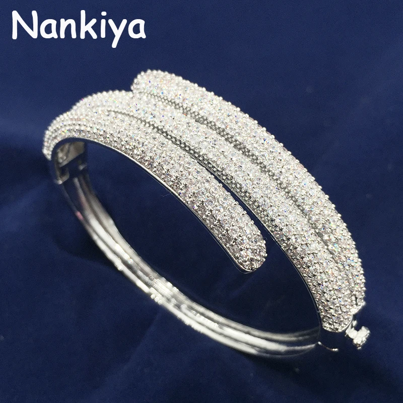 

Nankiya Luxury New Arrival Big Zirconia Jewelry Bangles Bracelet 3 Lines Design Full Pave Cz Cuff Bangle For Women Party NZ033