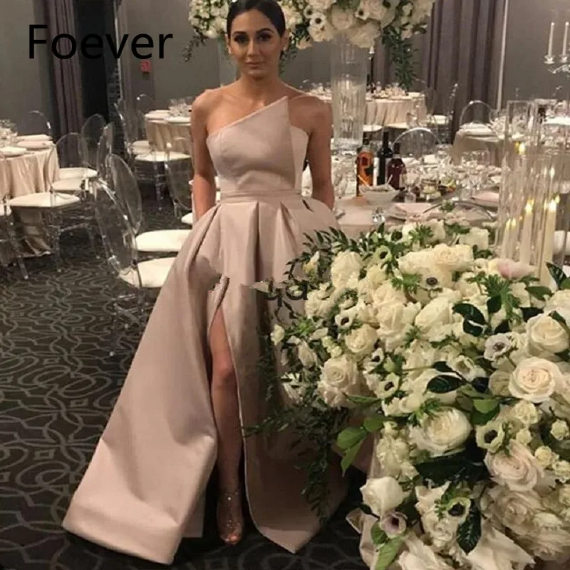 

Elegant Prom Dress 2019 A-Line Satin Off the Shoulder High Leg Slit Dubai Saudi Arabic Long Evening Gown gala jurken