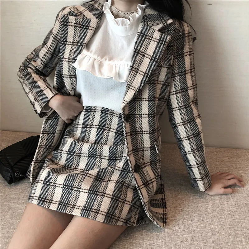 Zipper Ensemble D'hiver Kaki Tweed Veste Crayon Élégant 2 Plaid Minijupe Notch Bouton Deux Femmes T0039 Collar Pièces xvXA4Owv