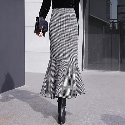 winter fishtail skirt woolen houndstooth rhinoside zipper OL ankle bag hip skirts