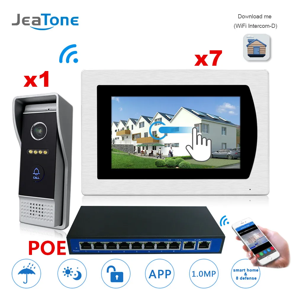 7'' Touch Screen WIFI IP Video Door Phone Video Intercom Villa Building 1-7 Access Control System Motion Detection + POE Switch
