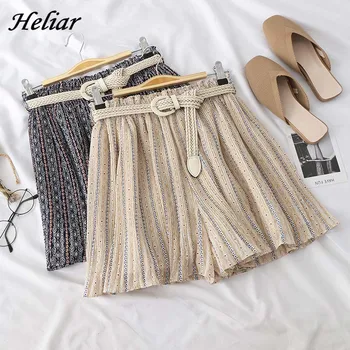 

HELIAR Casual Shorts Female Shorts Striped Casual Chic High Waist Short With Sashes 2019 Women Streetwear Loose Wide Leg Shorts
