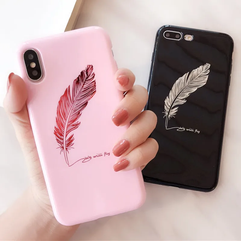 

Luxury Glossy Pink Gold Feather Patterned Silicone Case For iPhone 6 6S 7 8 Plus X XS MAX XR Cartoon Soft TPU Couples Back Cover