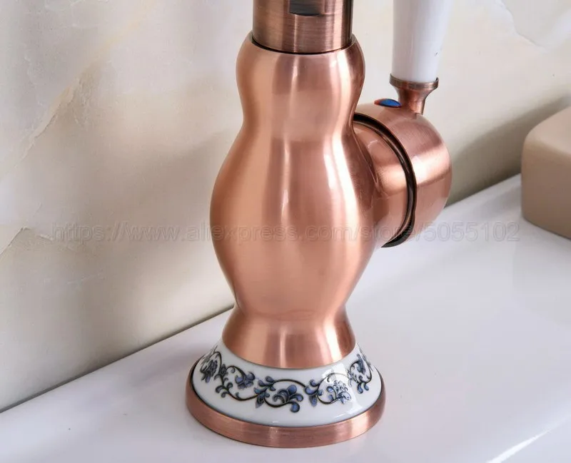 Antique Red Copper Deck Mounted Bathroom Basin Faucet Hot And Cold Bathroom Sink Mixer Taps znf638