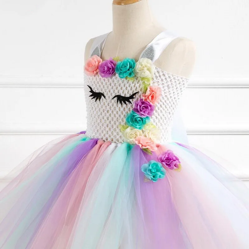 Rainbow Unicorn Pony Tutu Dress with Hair Hoop Princess Flower Girls Party Dress Children Kids Halloween Unicorn Costume 2-10Y