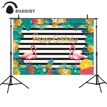 

Allenjoy party backdrops Happy birthday flamingo stripes leaves Spring background baby shower photography backdrop photo shoots