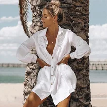 Tunic Cover-ups White Cotton Tunic Beach Mini Dress Summer Women Beachwear Sexy V-Neck Button Front Swimsuit Cover Up Tunic Cover-ups White Cotton Tunic Beach Mini Dress Summer Women Beachwear Sexy V-Neck Button Front Swimsuit Cover Up