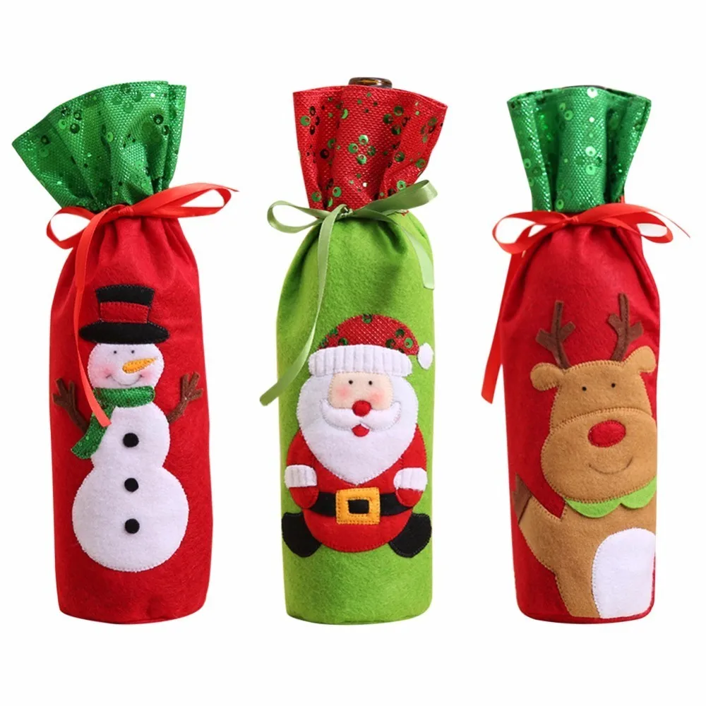 

Merry Christmas Red Wine Bottle Cover Bags Lovely Santa Claus Elk Flannelette Christmas Gifts Holders Dinner Table Decor Clothes