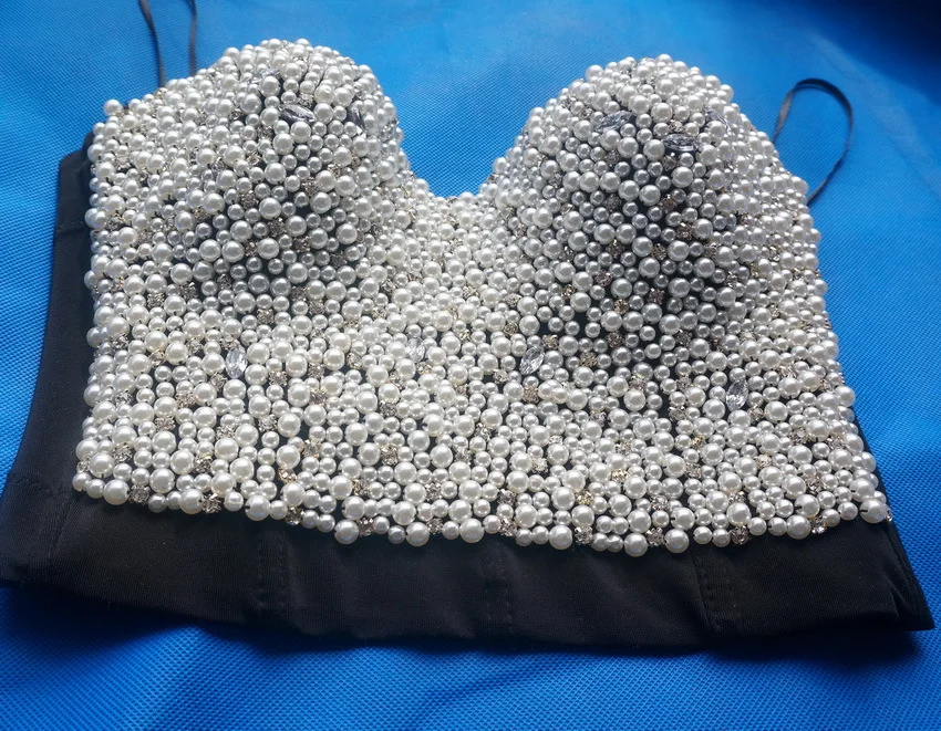 

New Hot handmade Fashion Sexy Women Crystal Rhinestone Top Embroidered Jeweled Pearl Bustier Bra Crop Top