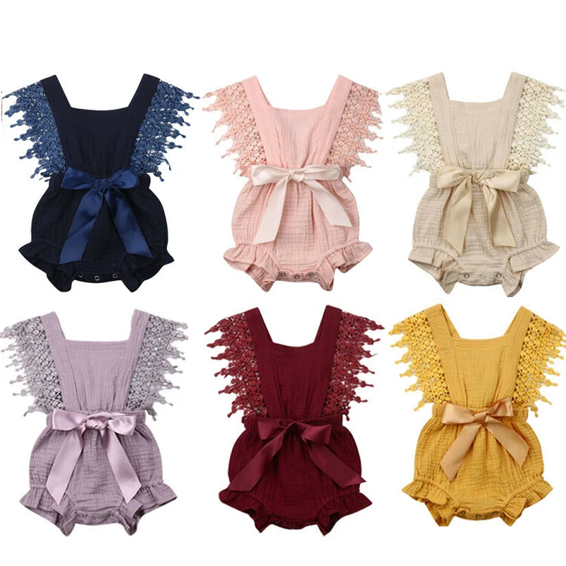 6 renk kat dantel Bodysuits yenido an bebek fiyonk knot tulumlar 