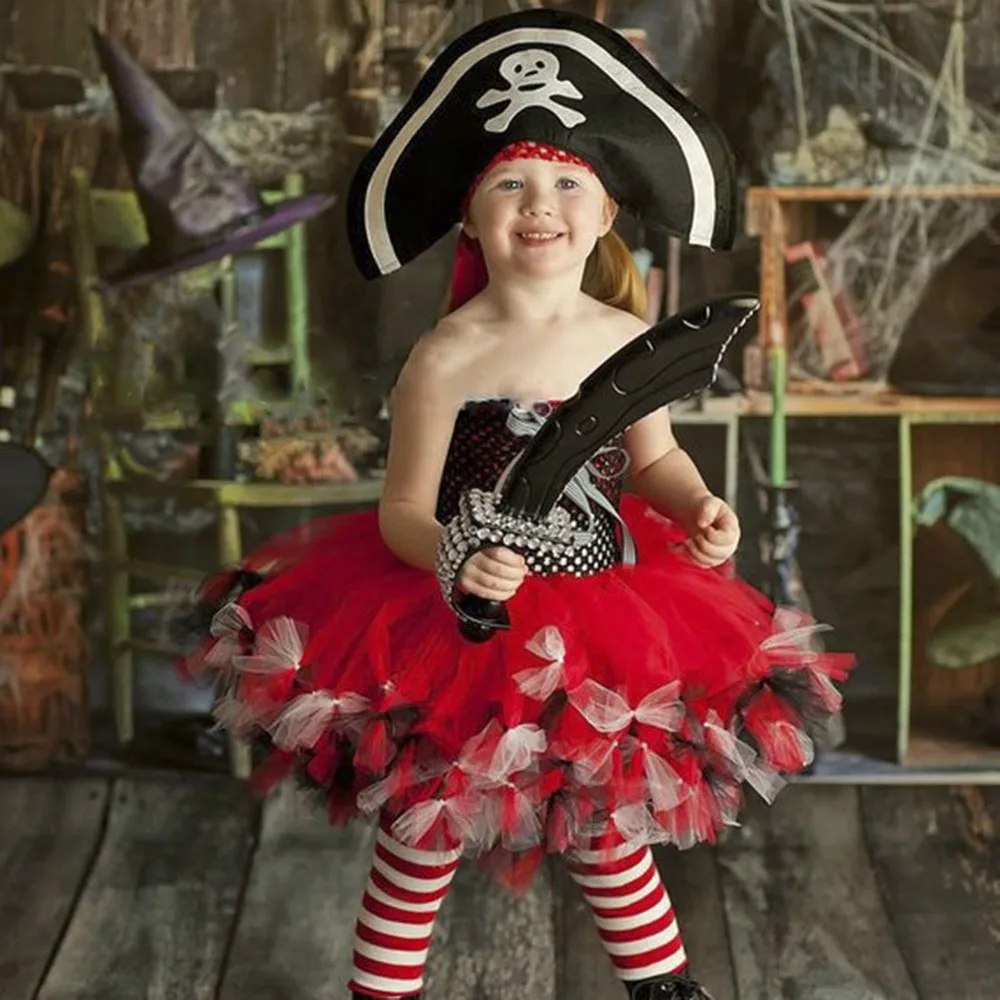 

Girls Pirate Christmas Cosplay Tutu Dress Set with Hat for Kids Evil Vampire Halloween Xmas Costumes Child Autumn Winter Clothes