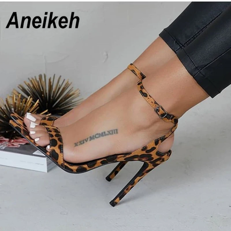 

Aneikeh 2019 New Spring Leopard Print Shallow Women Shoes Fashion High Heels Woman Sandals Buckle Strap Dress Pumps Sandals