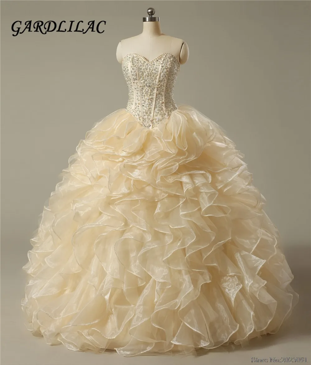

New Sweetheart Champagne Quinceanera Dresses 2017 Ball Gown with Pearls Crystal Cheap Quinceanera Gowns Long Prom dress