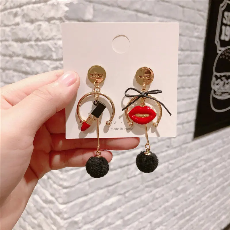 

Fashion Luxury Brand Lipstick Lips Earrings Hair Ball Pendant Asymmetric Earring For Woman Jewelry Gift