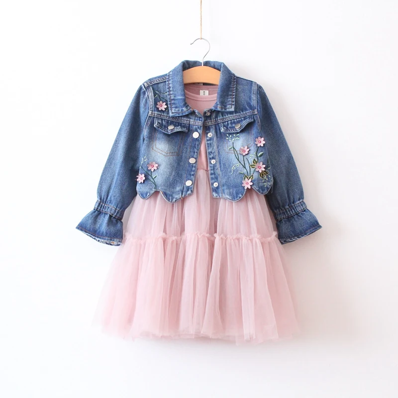 

2 pcs Girls' autumn new denim short jacket top + long sleeve stitching dress
