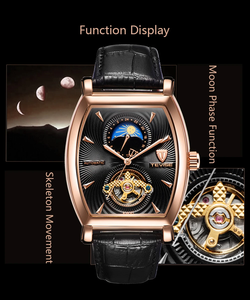 TEVISE Mens Watches Tonneau Moon Phase Automatic Watch Waterproof Self-Wind Mechanical Wristwatches Leather Strap + Box 8383D (3)