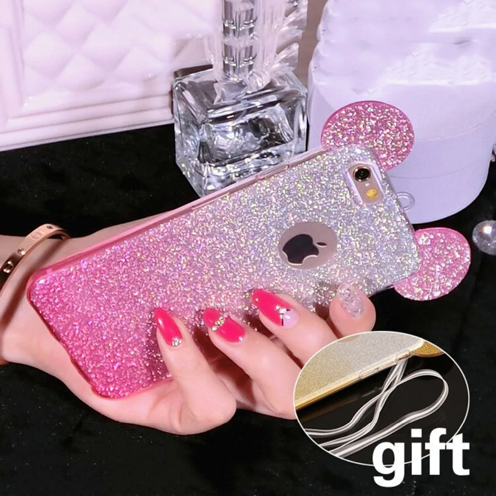 

i6 3D Mouse Ears silicone Glitter Gradient Case For iPhone SE 5 5s 6 6S 6s plus Cover with Hang rope phone cases