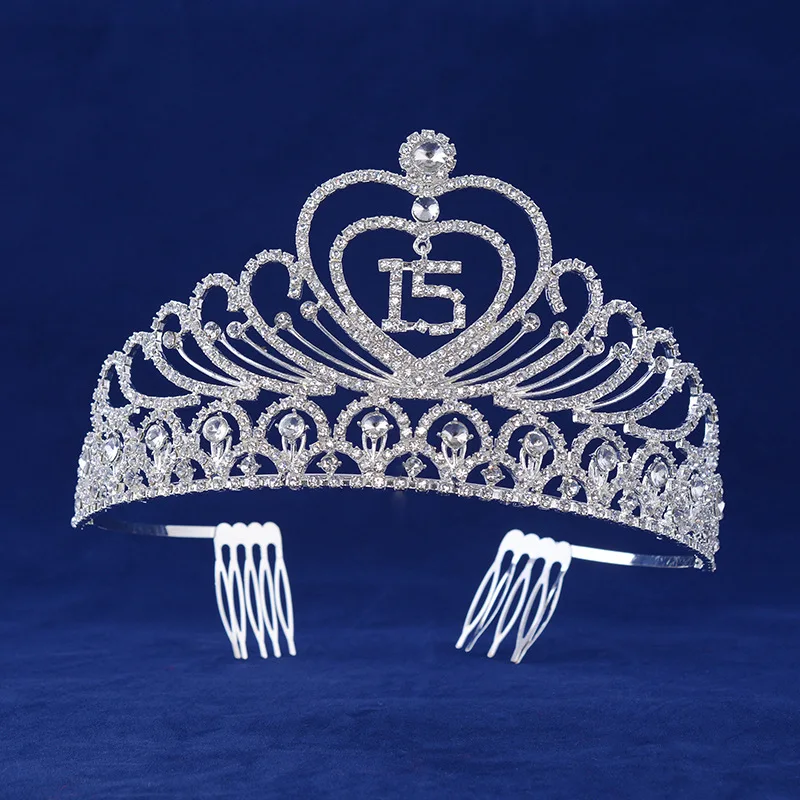 Quinceanera 15 Fifthteen Birthday Rhiestone Tiara Crown with Hair Combs