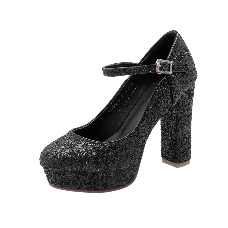REAVE CAT/шикарные вечерние туфли-лодочки на высоком каблуке; блестящие свадебные туфли для невесты; туфли из флока на платформе с пряжкой и ремешком; большие размеры 42-43 - Цвет: Black