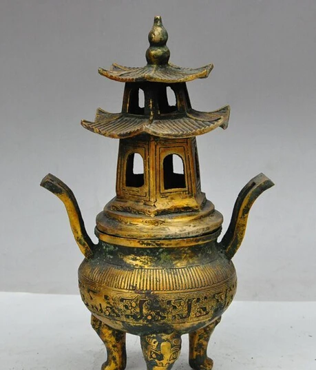 

shitou 002182 11" old china fengshui bronze gilt beast foot Tower statue Incense Burner Censer
