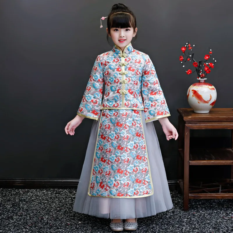

2018 Autumn Winter Children Girls cheongsam Tang suit Dress Kids Baby New Year Chinese style Elegant Embroidery Long Prom Dress