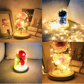 

Beauty And The Beast Red Rose LED Night Light In A Glass Dome On A Wooden Base Party Birthday Valentine's Decoration Gifts