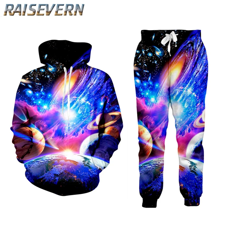 Raisvern 3D Galaxy Space мужские костюмы Зимние толстовки полный брюки из двух частей мужские спортивные костюмы осенние толстовки брюки и пара набор