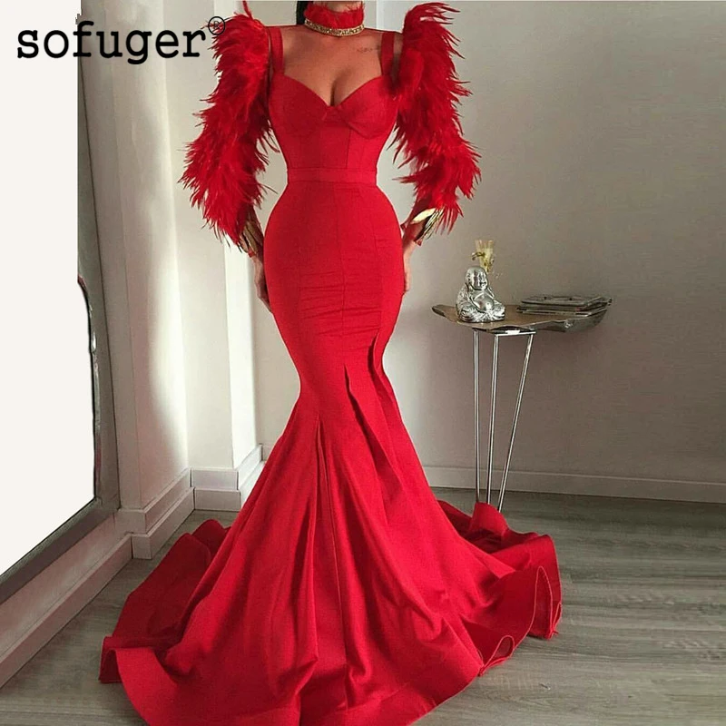 

Red Satin Sweetheart Long Feather Mermaid Sleeves Dubai Arabic Saudi Arabian Evening Dresses Party Dresses Custom Made Colors