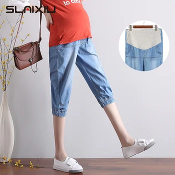 

Summer pregnant women's cropped jeans leisure sports Loose shorts trousers high waist harem pants maternity pockets S-5XL
