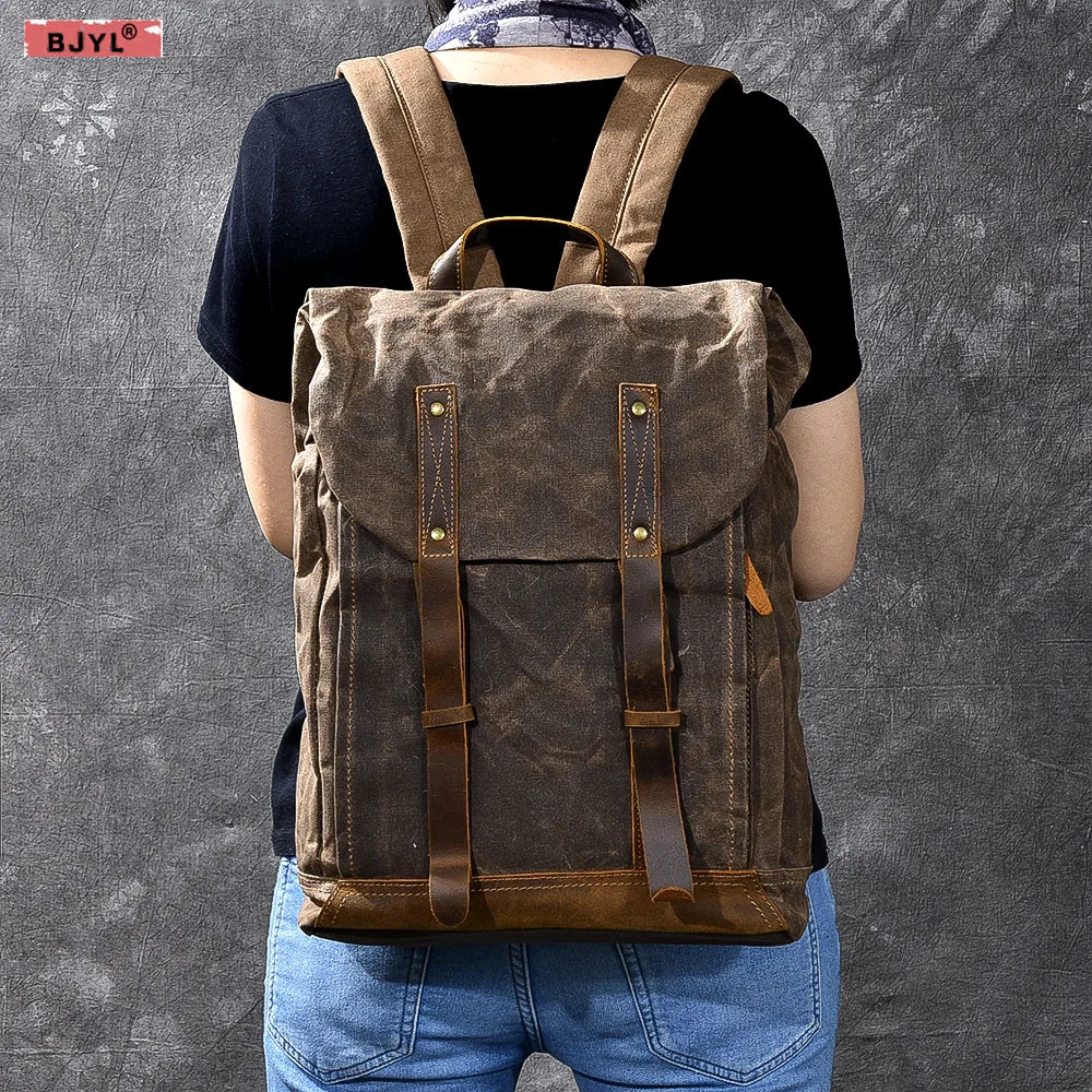 BJYL Men Backpacks Oil Wax Canvas Men shoulder bag Retro Distressed Backpack Waterproof Travel Men's Computer 15 inch laptop Bag BJYL Men Backpacks Oil Wax Canvas Men shoulder bag Retro Distressed Backpack Waterproof Travel Men's Computer 15 inch laptop Bag