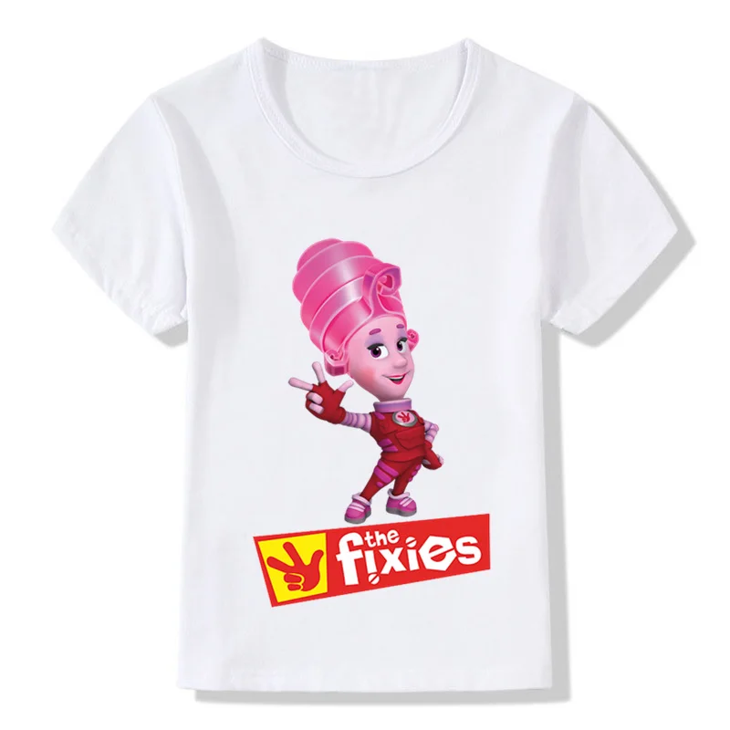 Детская забавная футболка с русским мультяшным фиксиком летние топы с короткими рукавами для мальчиков и девочек, детская повседневная одежда HKP5148 - Цвет: whiteI